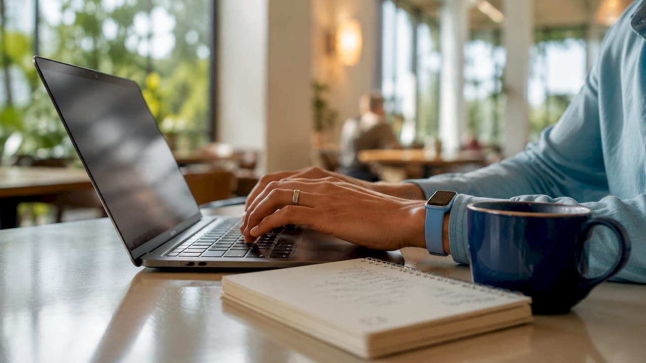 Hands typing on laptop handling healthcare data