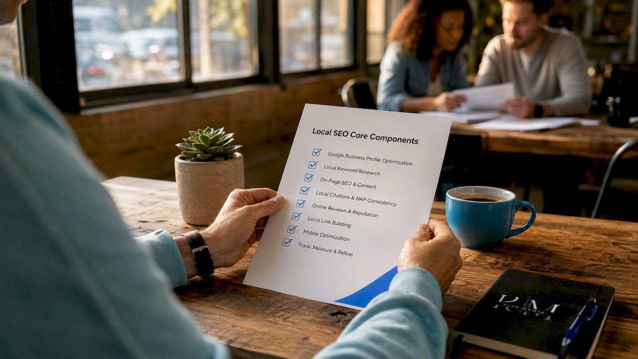 Hands holding local SEO checklist with office background