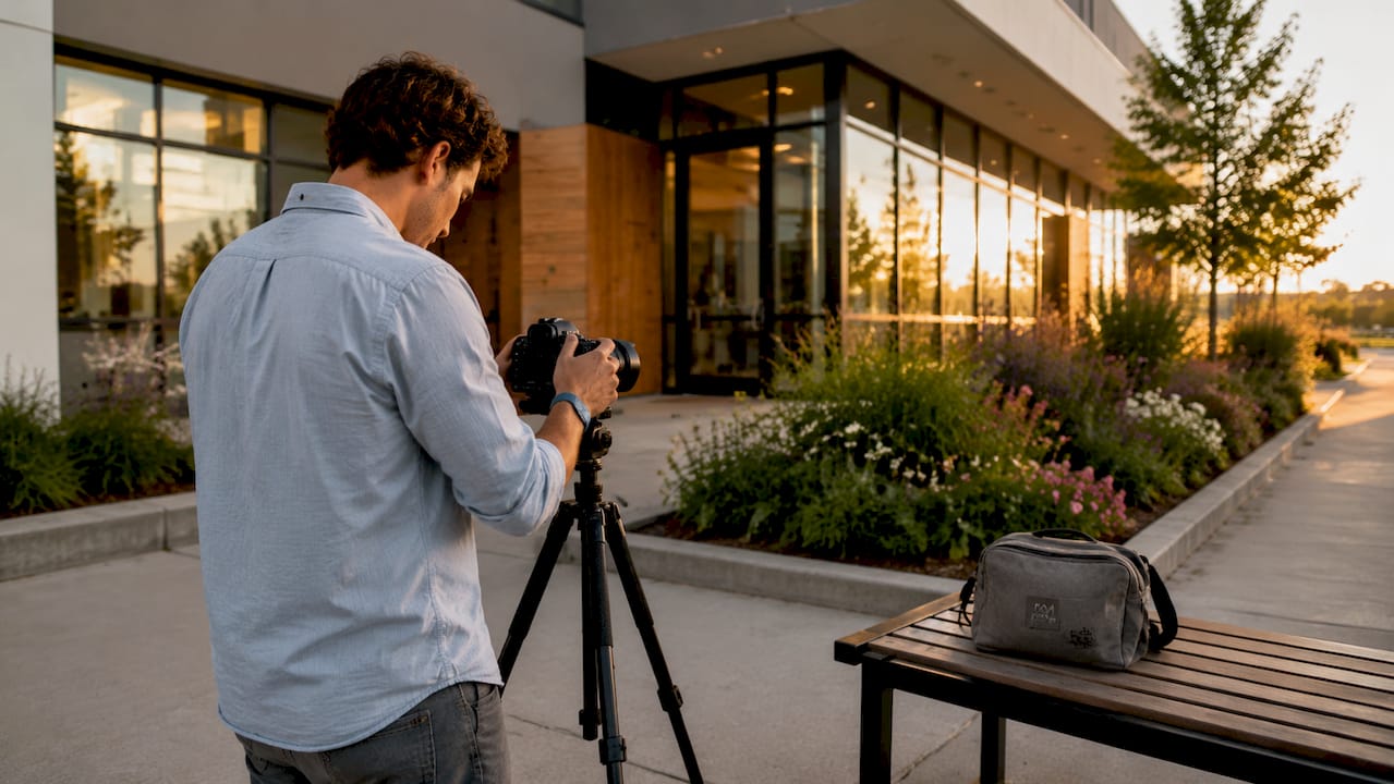 Photographer preparing to capture clinic exterior photo