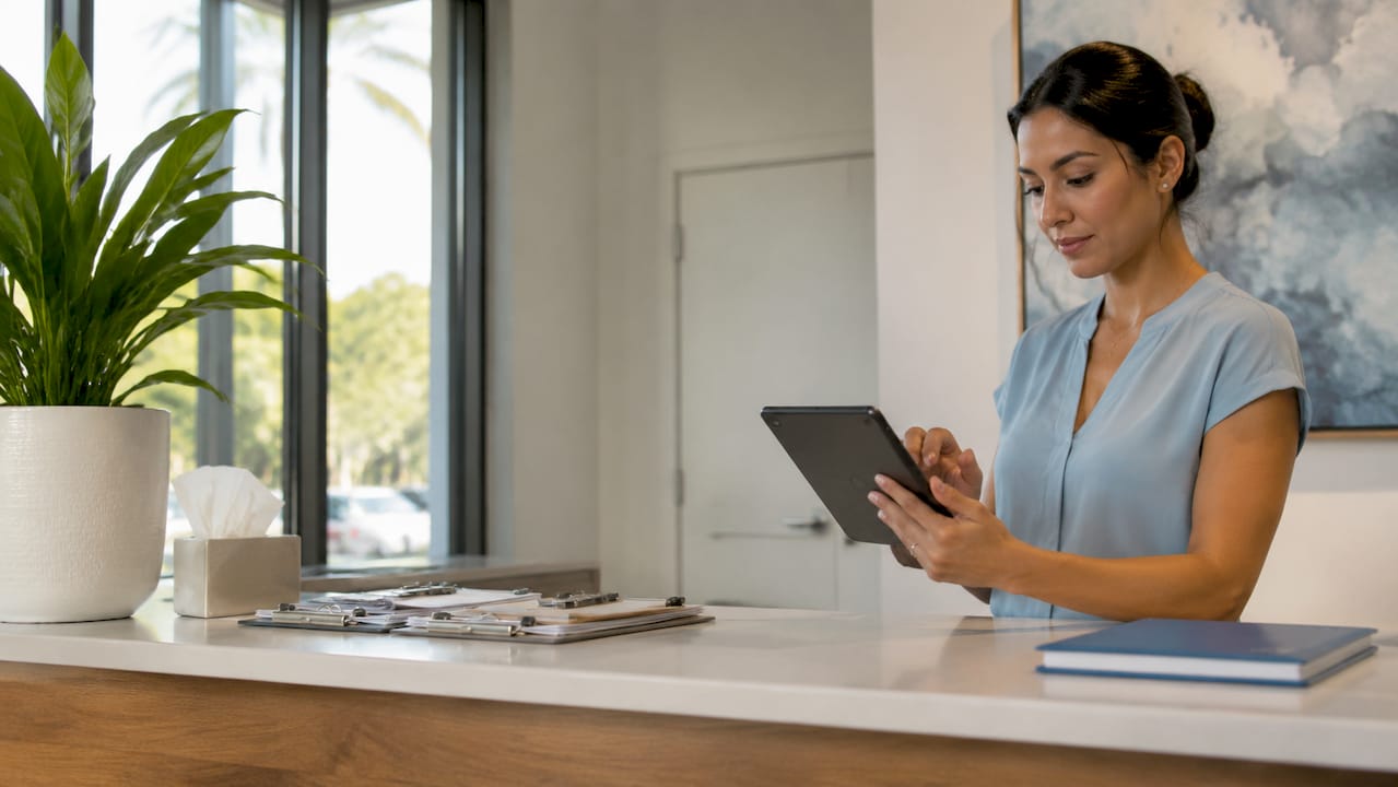 Clinic administrator managing Google Business Profile on tablet