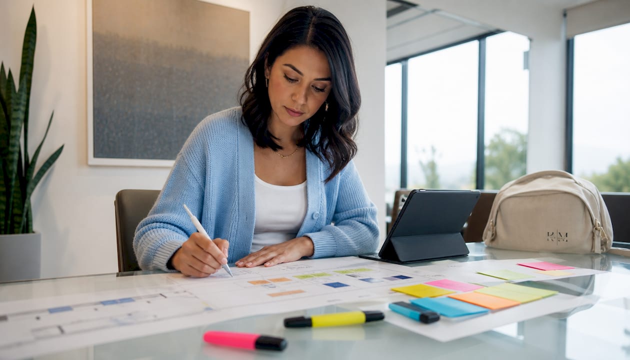 Designer reviewing patient journey maps at desk