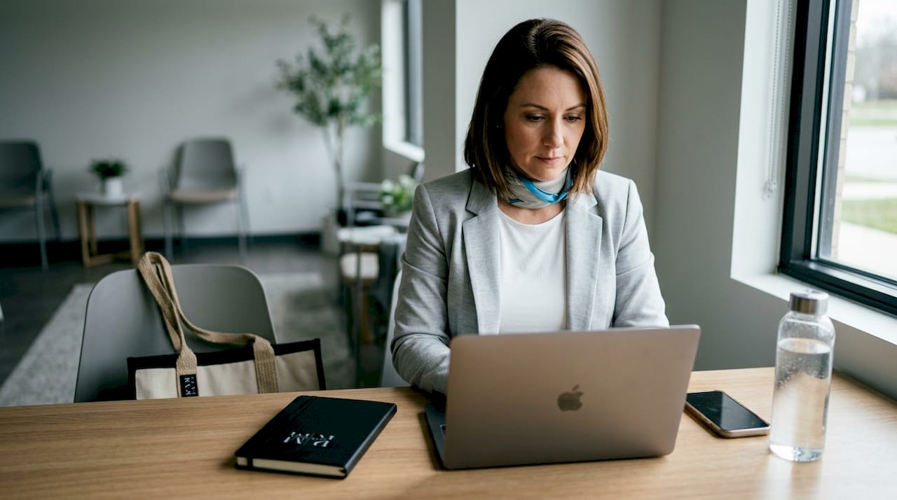 Healthcare marketing manager working on laptop