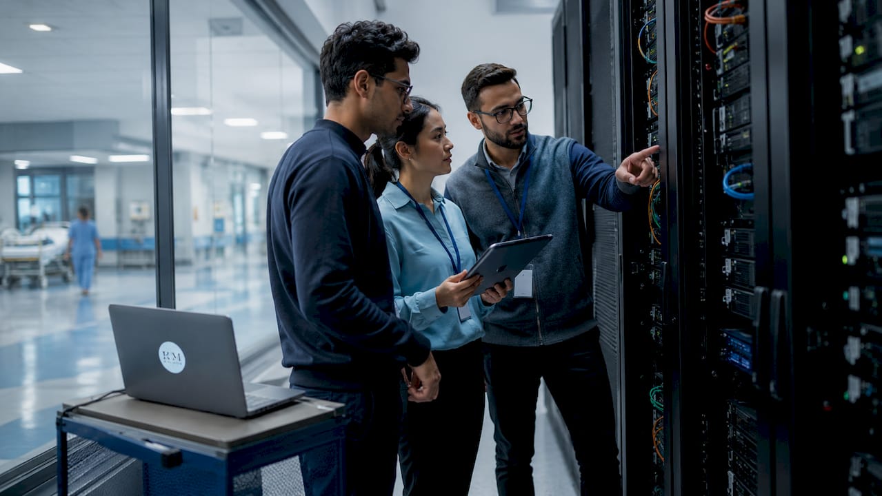 Hospital IT team discussing server backups