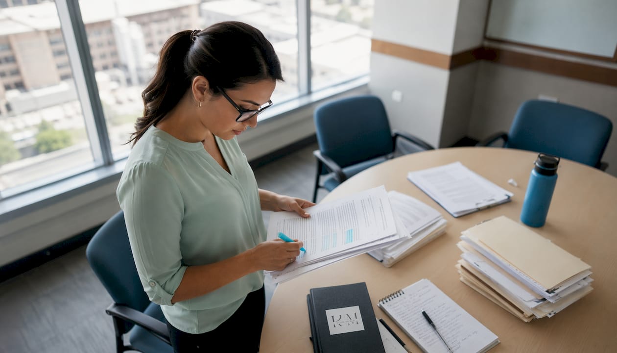Healthcare compliance officer reviewing privacy documents