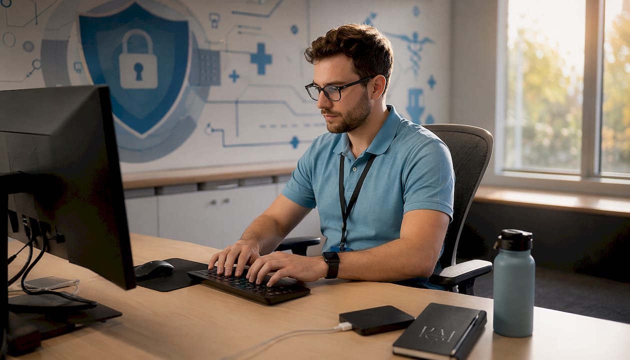 IT specialist typing on keyboard managing cyber risks