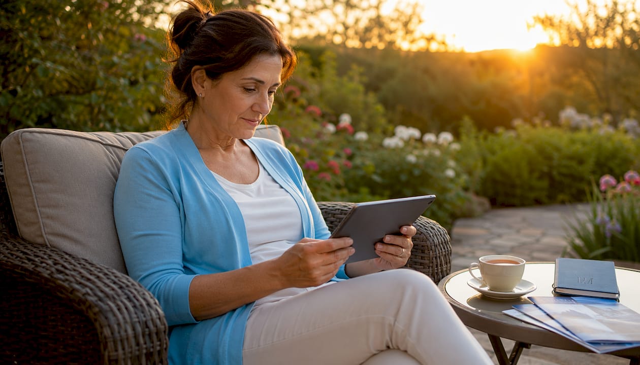 Woman reading healthcare reviews on tablet