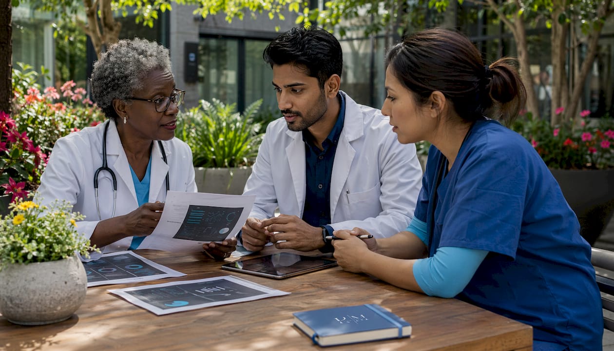 Healthcare team discussing AI technology