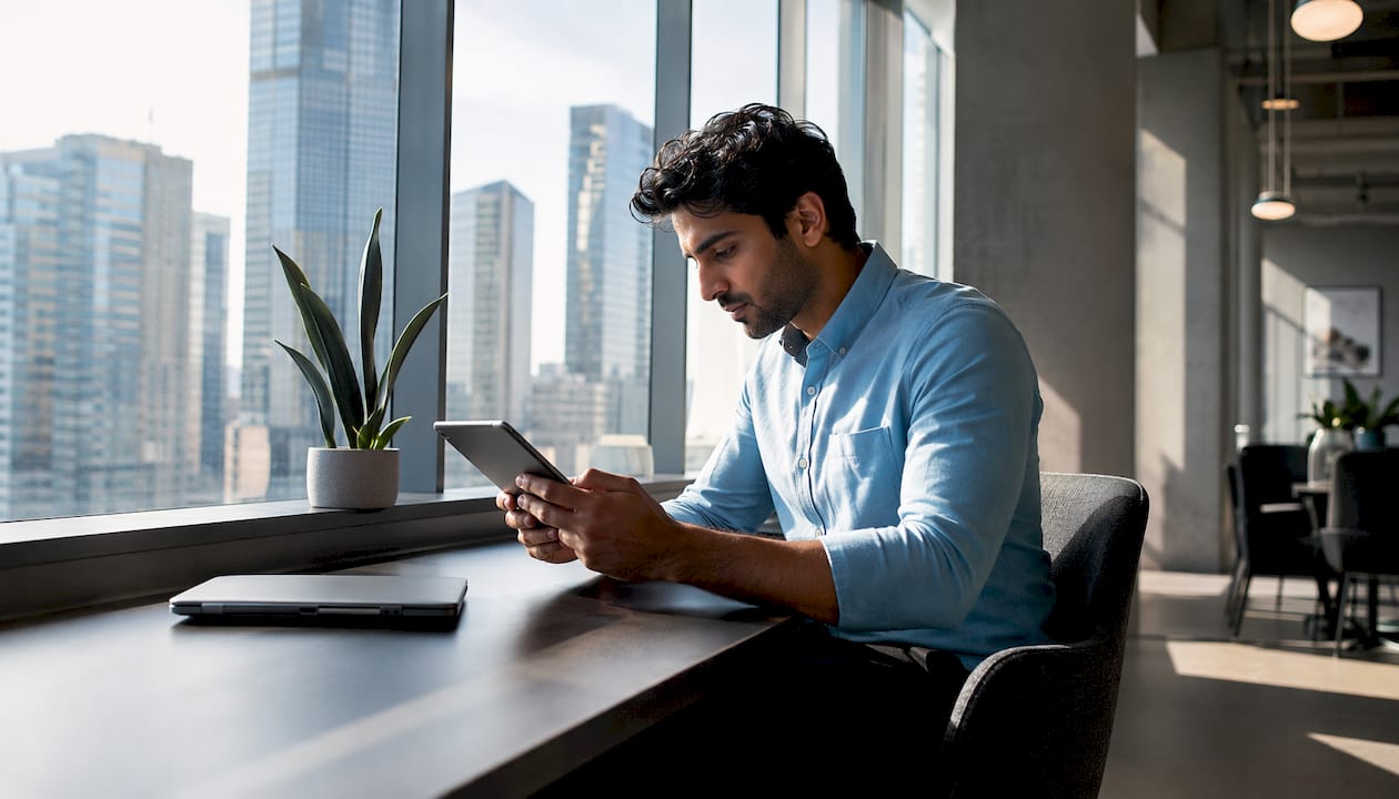 Man analyzing patient journey data on tablet