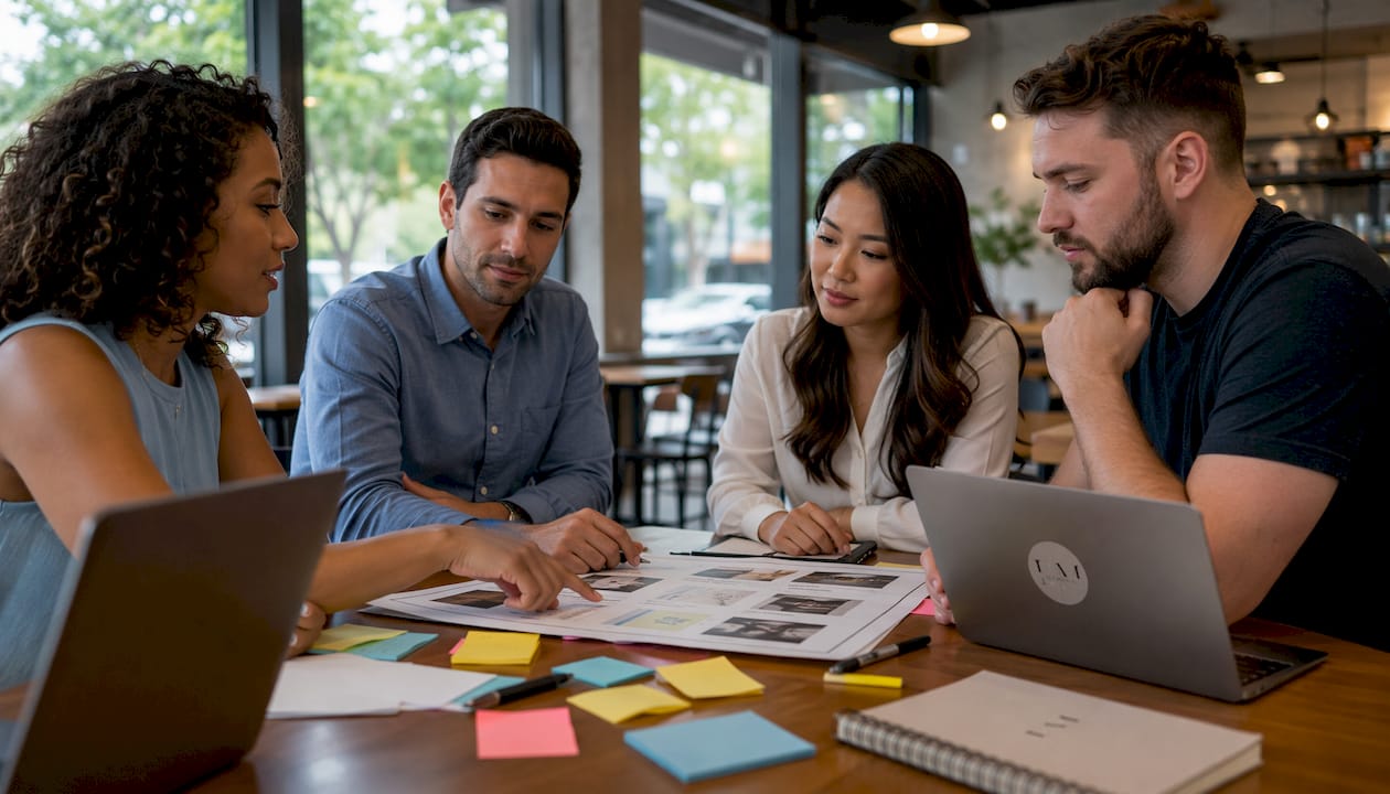 Healthcare marketing team meeting around table