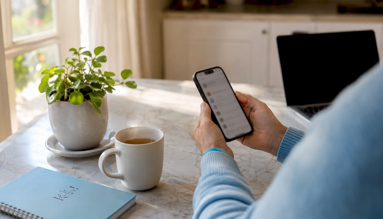 Hands holding smartphone with patient portal messaging app