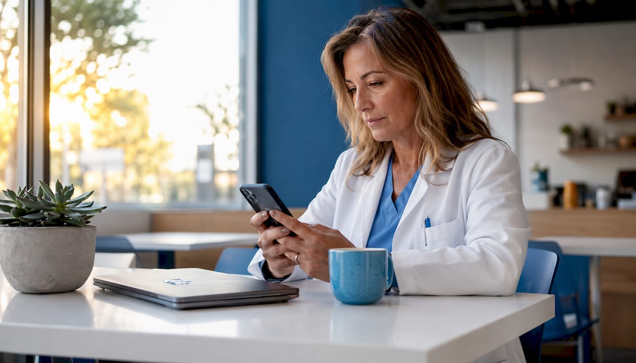 Physician using social media on smartphone at desk
