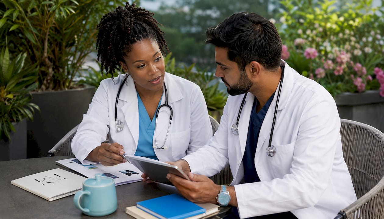 Physicians collaborating with medical charts and tablets