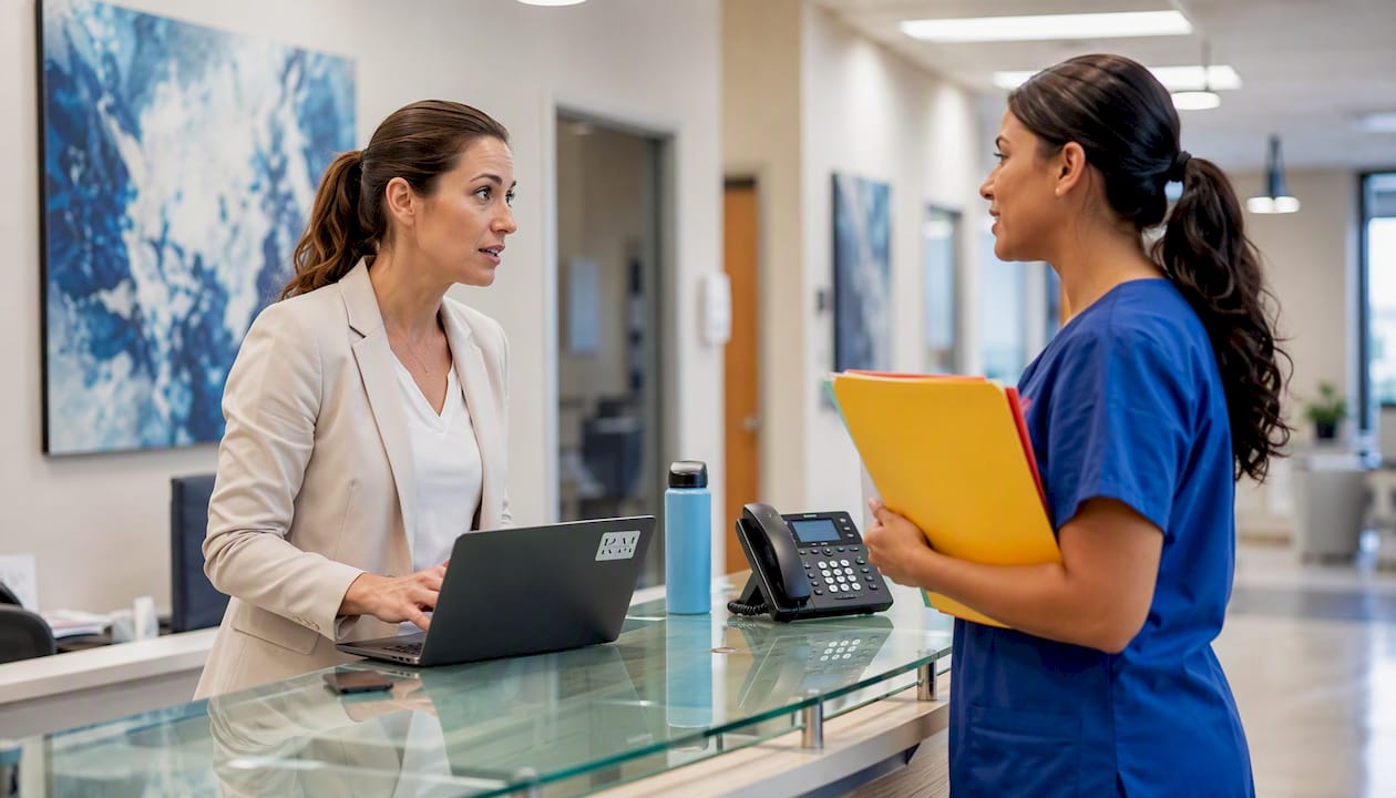 Clinic manager using secure messaging at desk