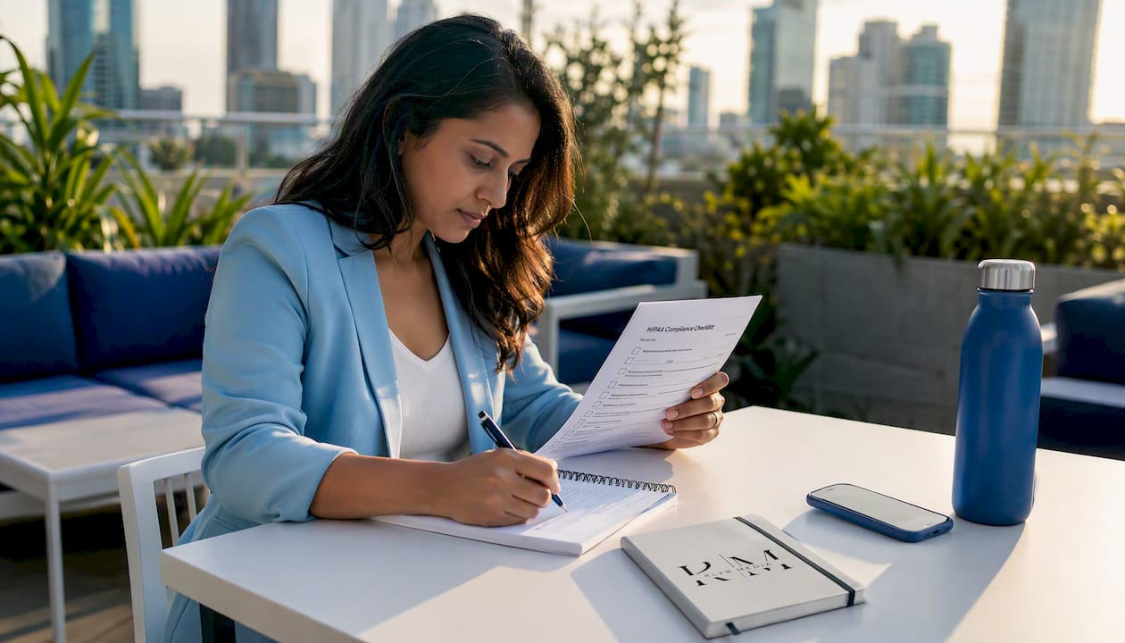 Marketing strategist reviewing HIPAA compliance documents