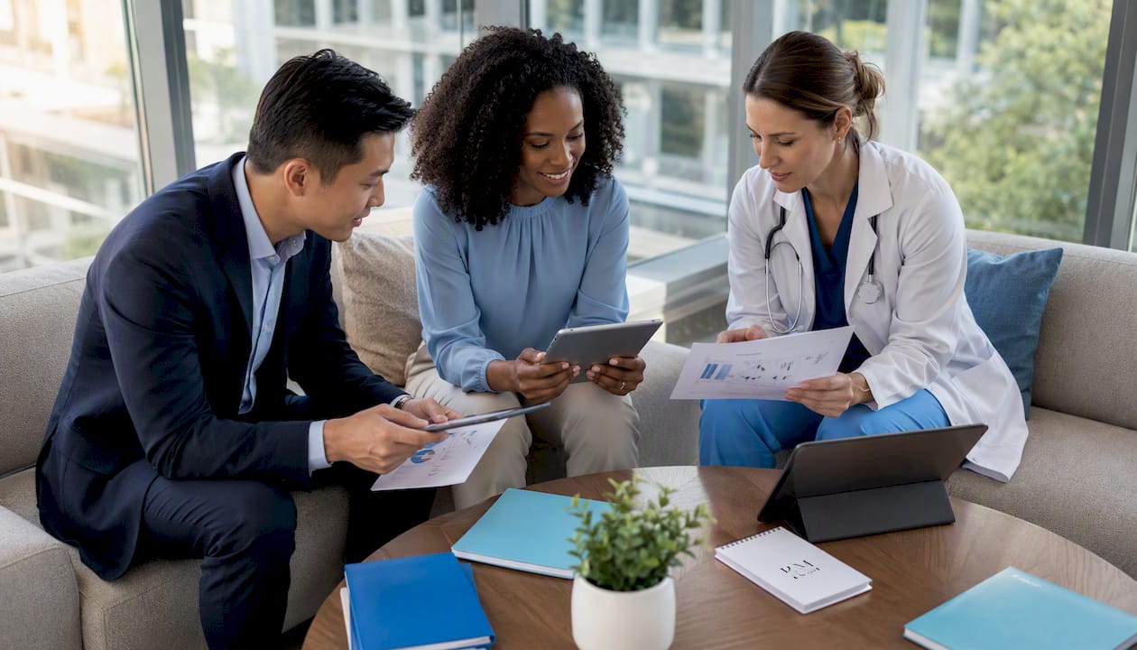 Healthcare team discussing marketing strategies