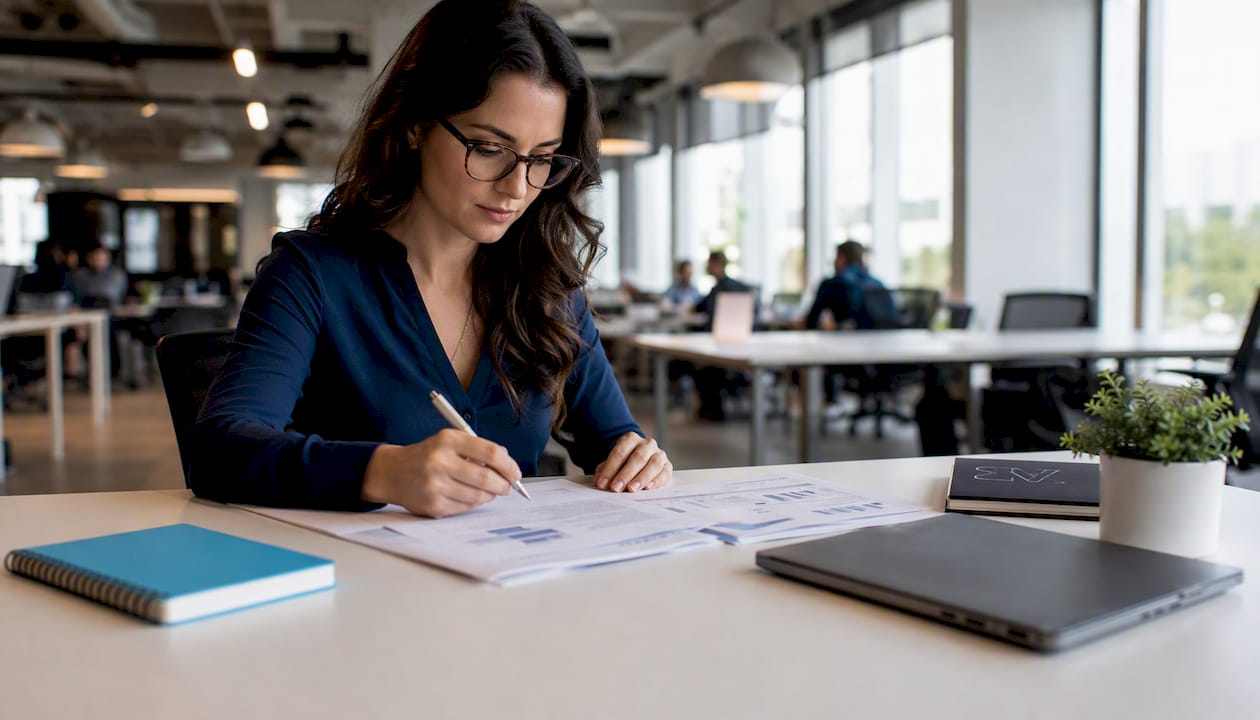 Healthcare marketing specialist reviewing documents
