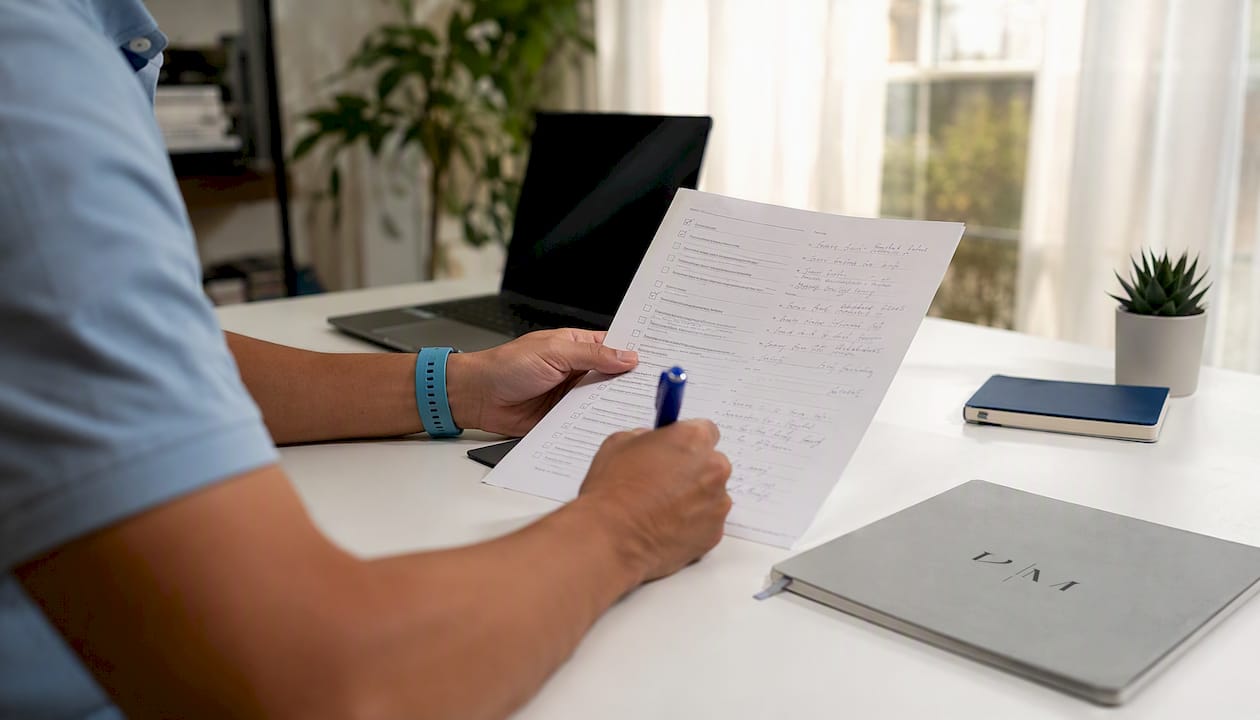 Checklist and stethoscope on clinic table