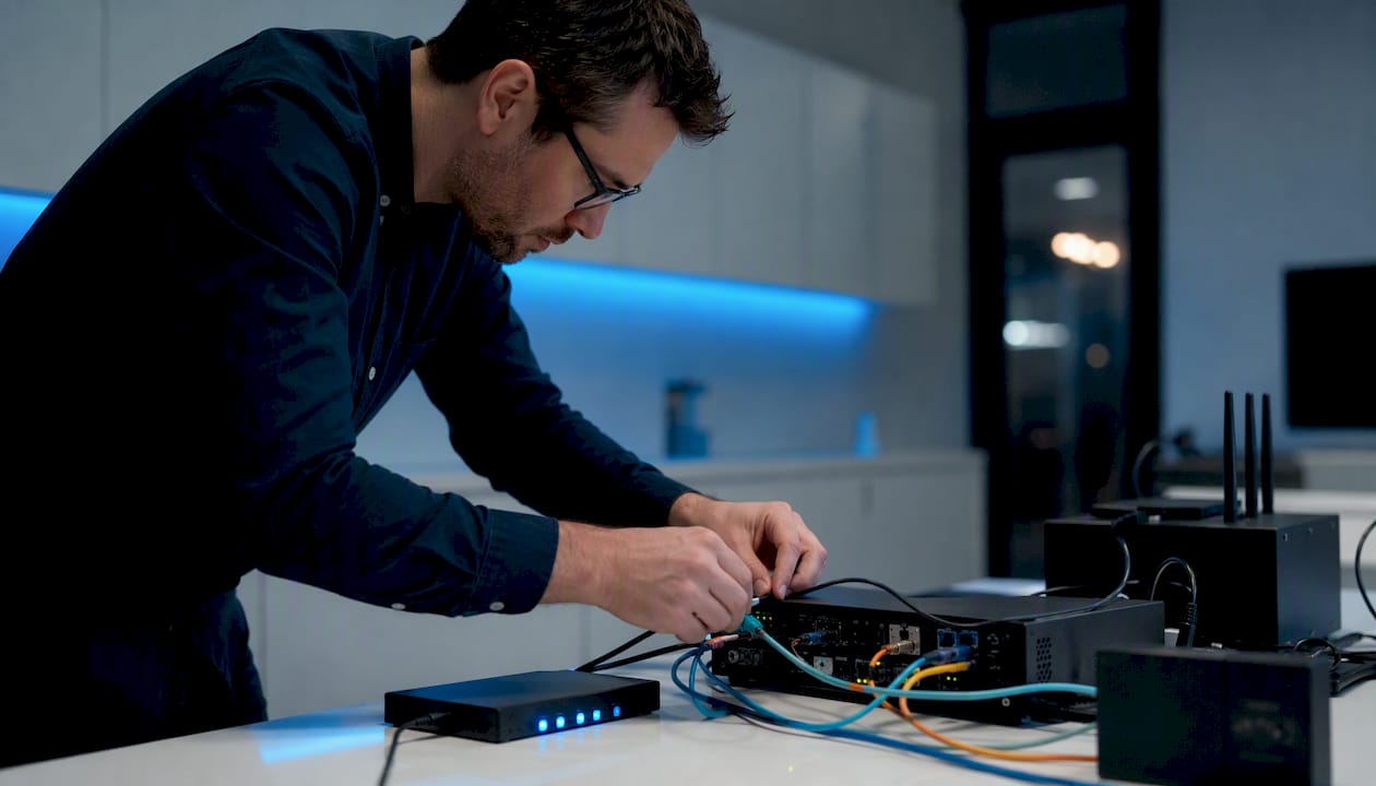 Hands configuring marketing automation hardware