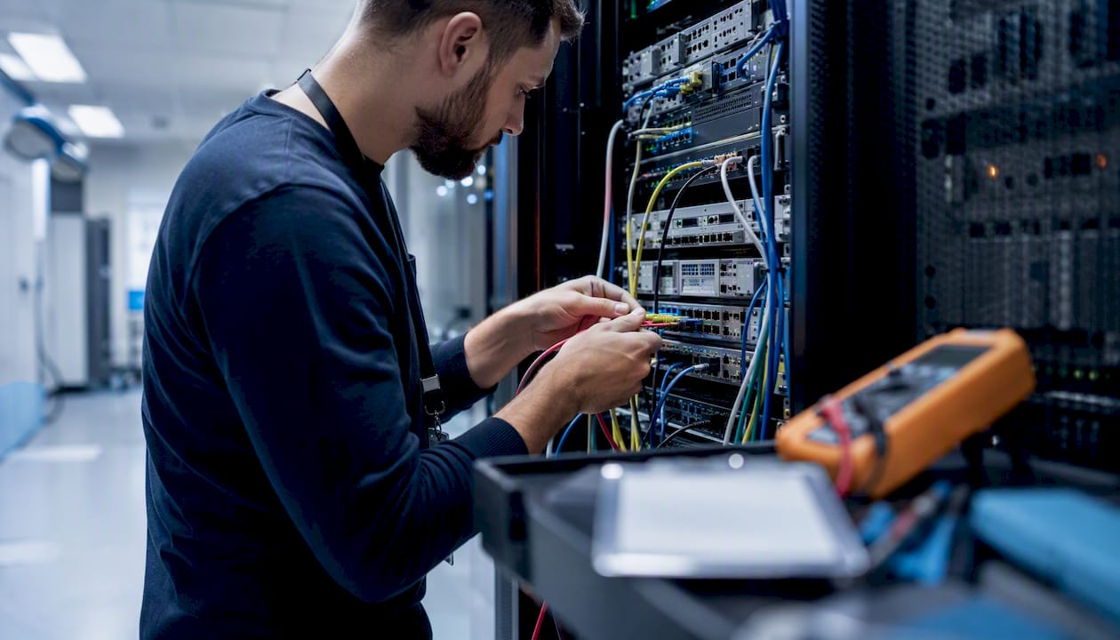 Hands wiring network cable in medical server room