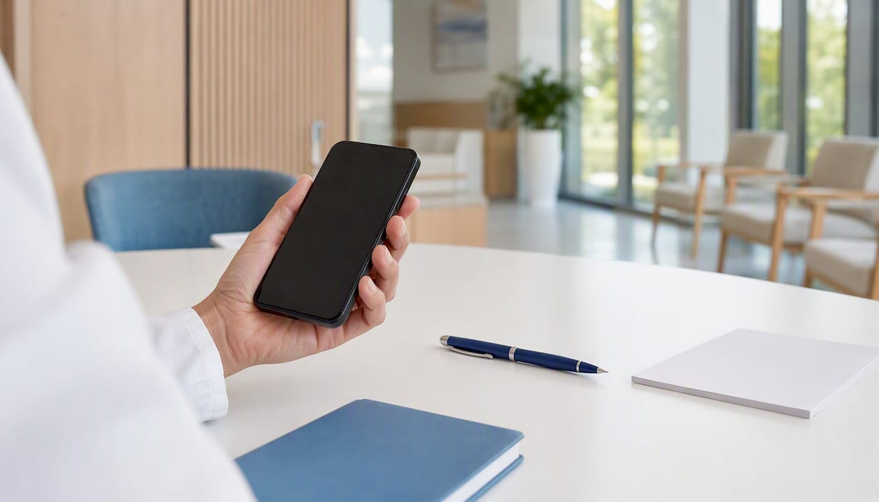 Hand holding smartphone off-screen in healthcare office
