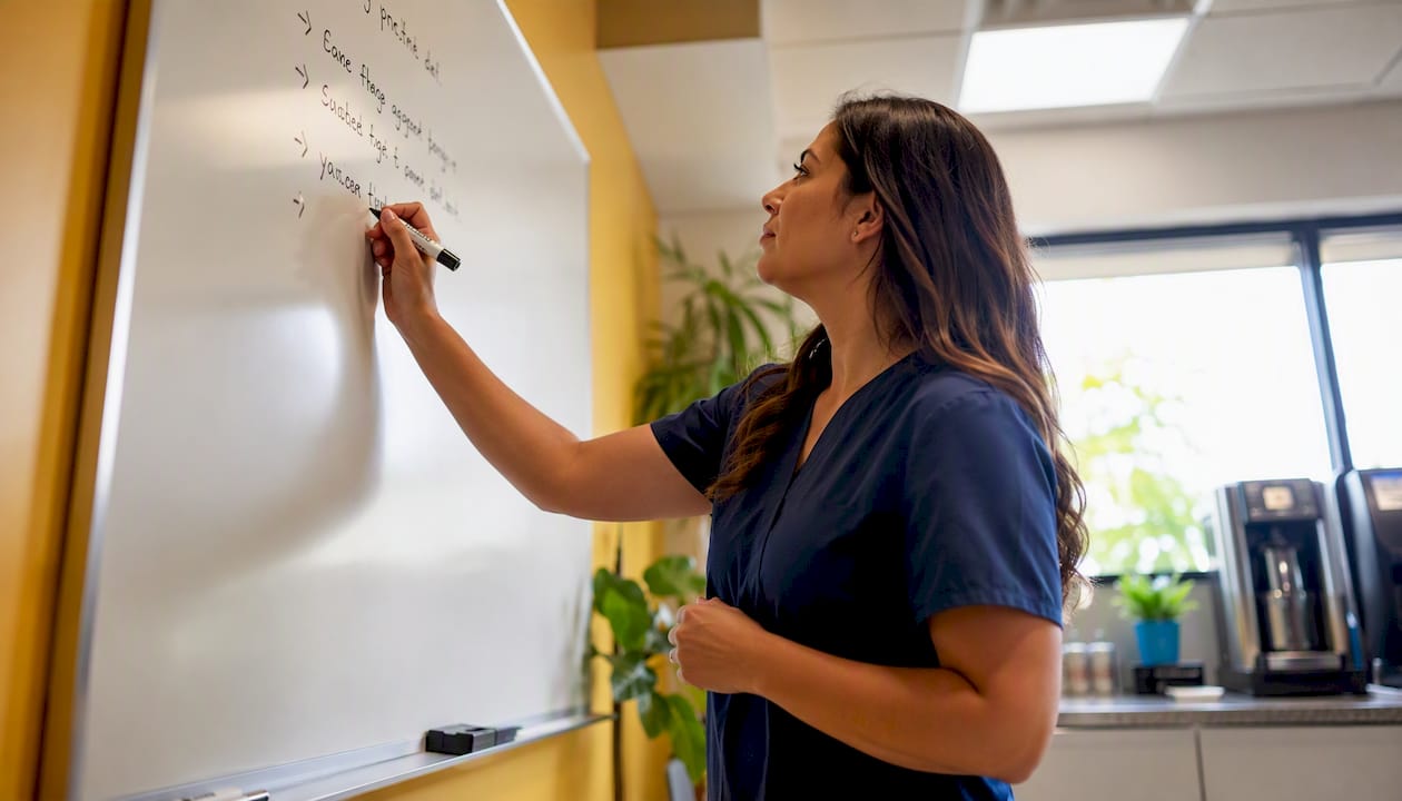Hands writing safe reply script on whiteboard