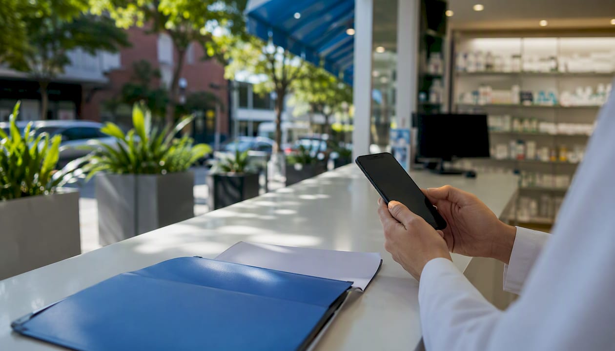 Pharmacy storefront and hands holding phone