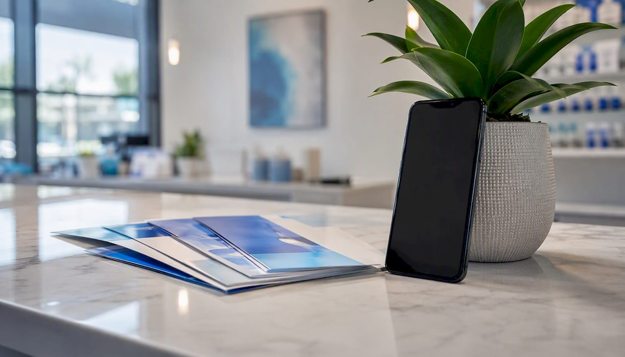 Phone on desk with pharmacy promotional materials
