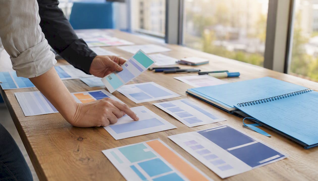 Hands arranging landing page mockups on table