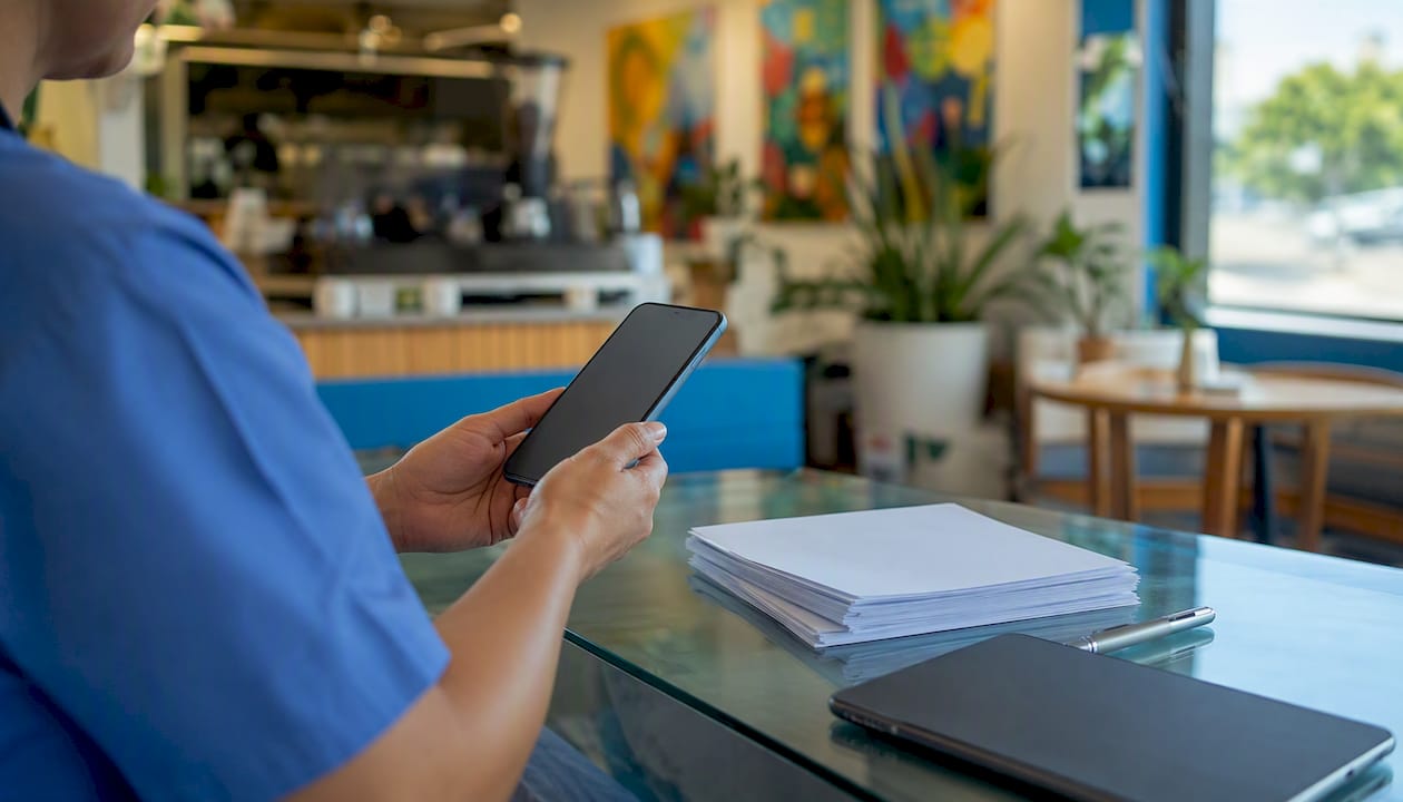 Hands holding blank-screen smartphone in clinic
