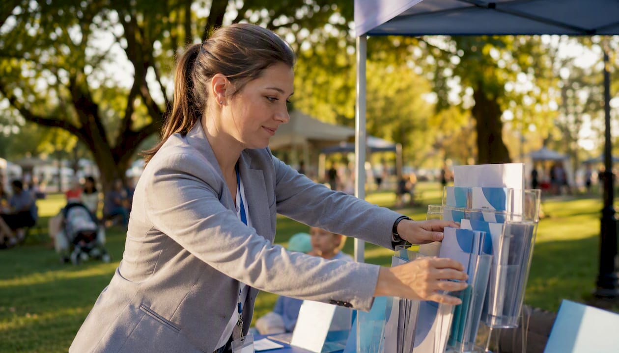Hands setting up community health event brochure stand