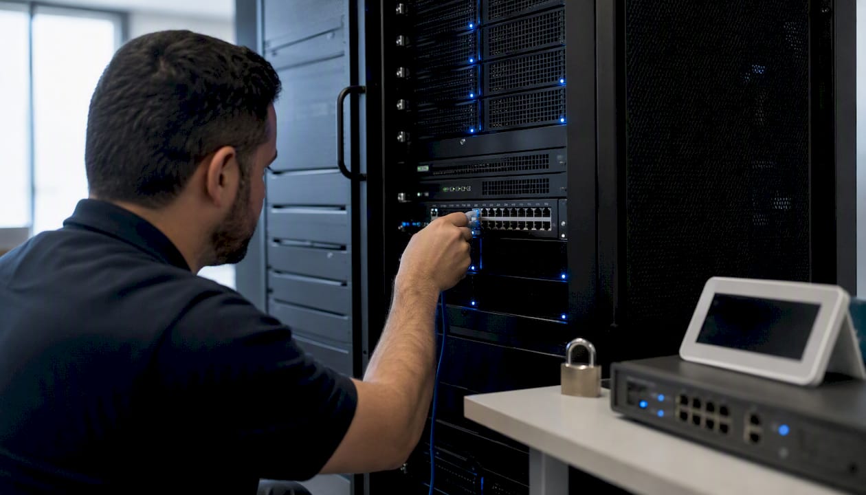 Hands connecting secure network cable in server room