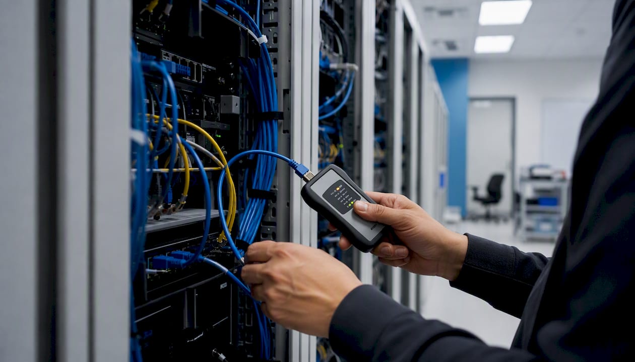 Hands testing network cables in health server room