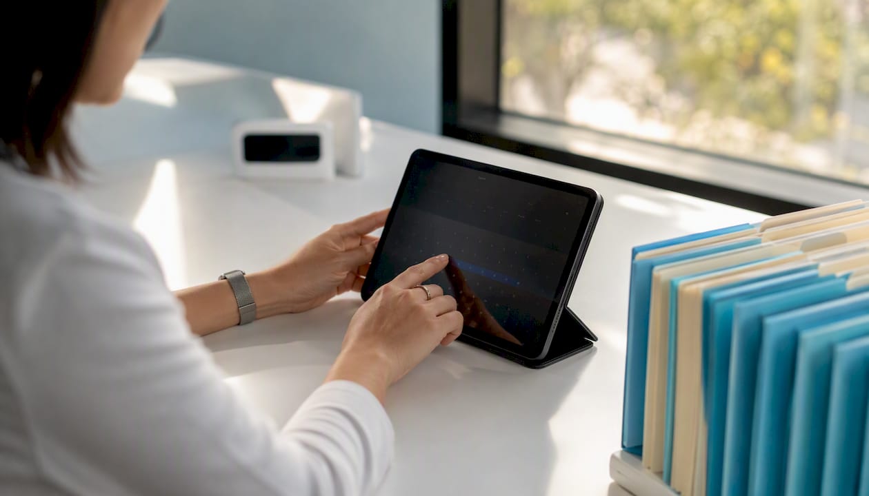 Hands adjusting appointment book in medical office