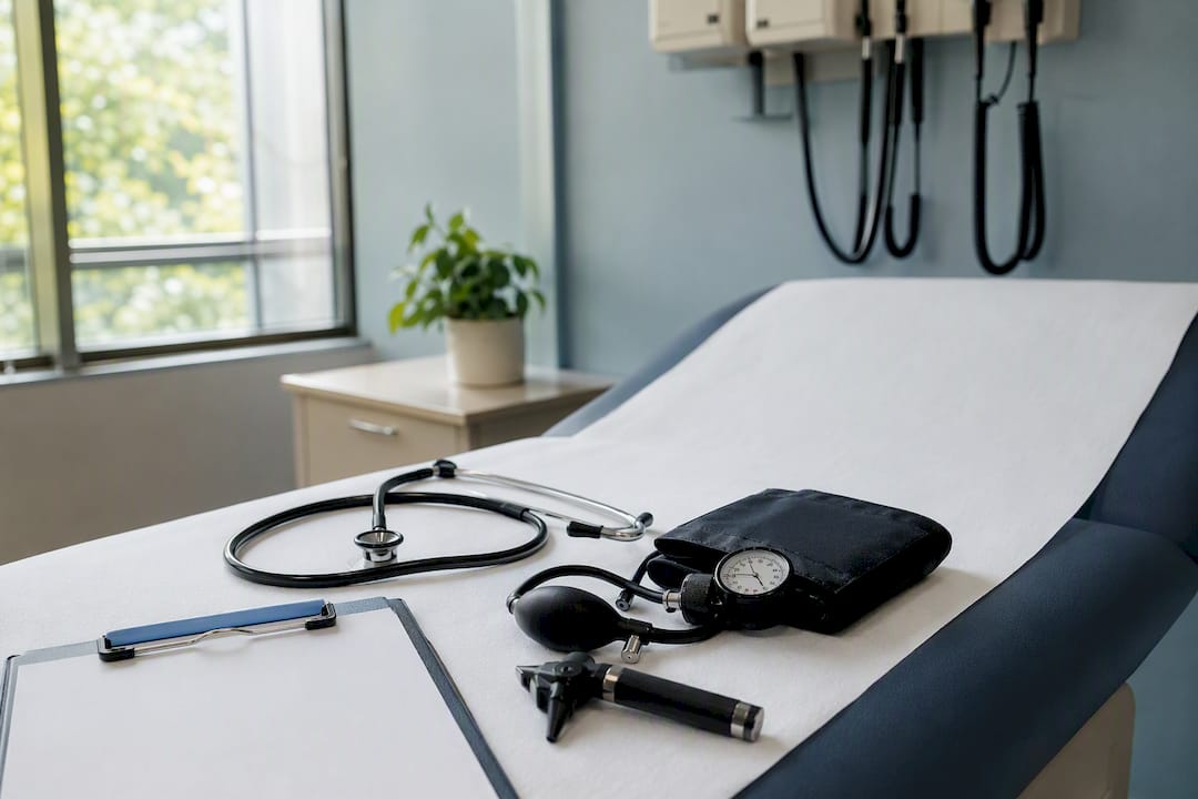 Medical exam table with diagnostic tools
