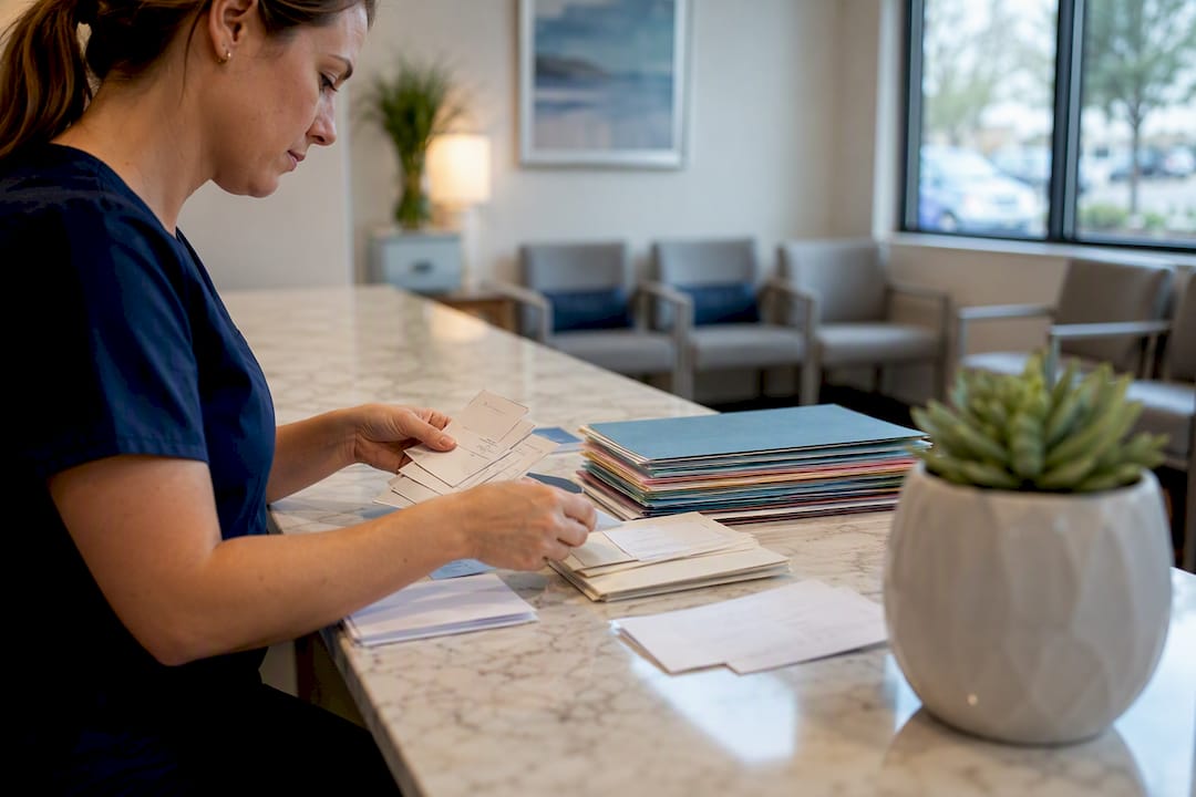 Hands organizing patient financial data cards