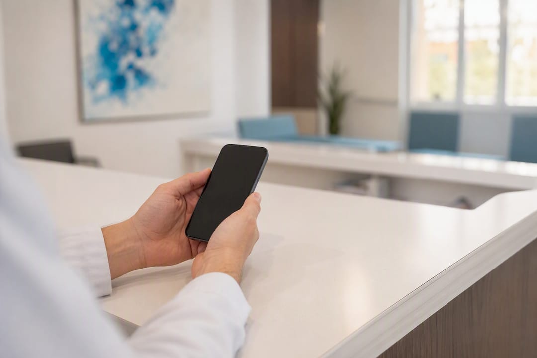 Hands holding smartphone with dark screen in healthcare office