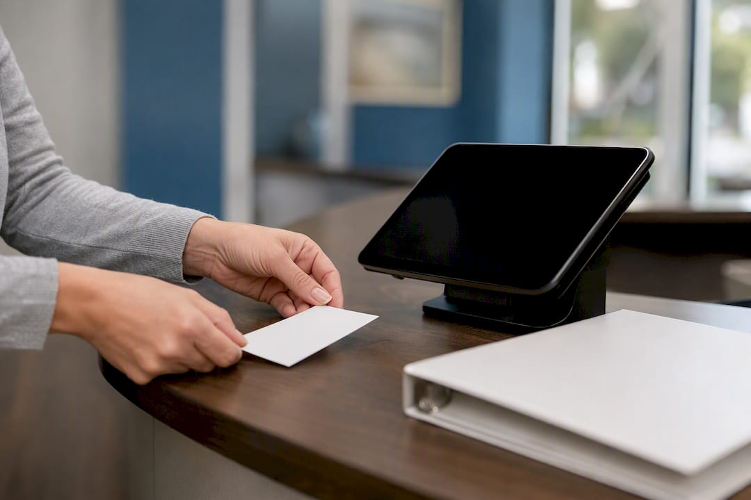 Clinic receptionist hands placing reminder card