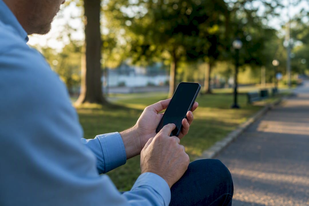 Hands holding smartphone outdoors near clinic