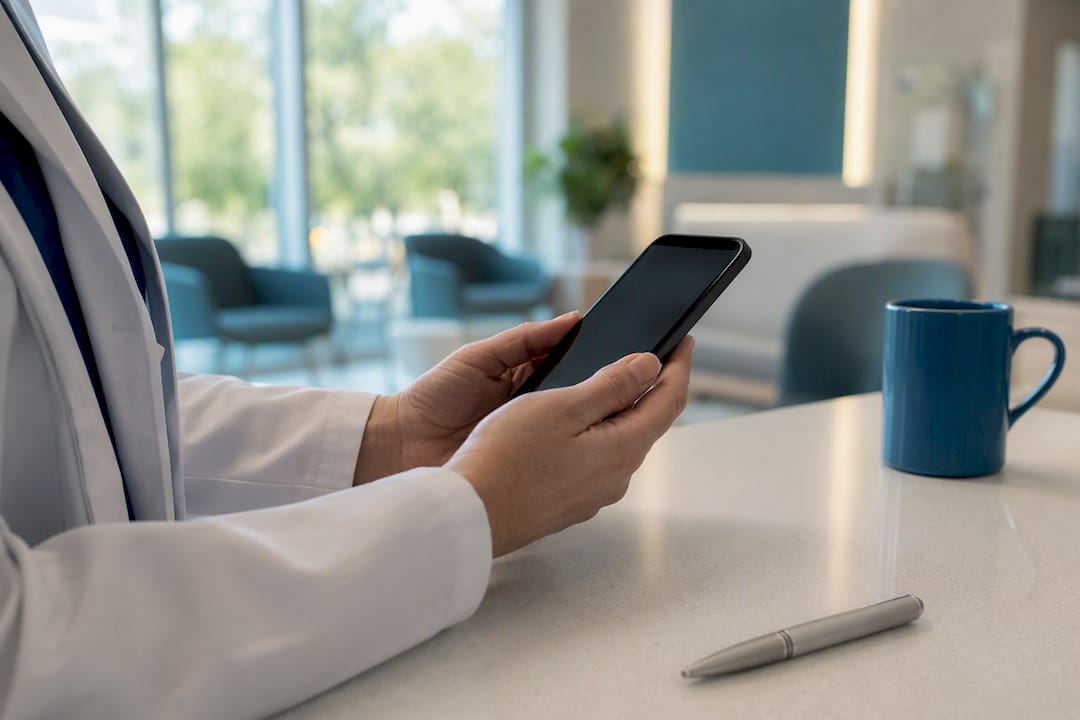 Hands holding smartphone in urgent care clinic