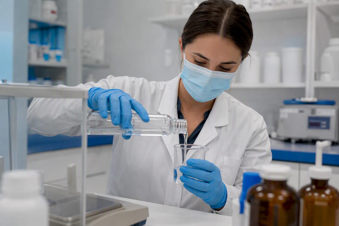 Pharmacy technician pouring liquid in compounding lab