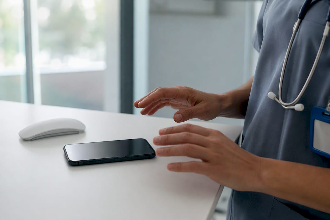 Hands poised over smartphone for data scanning