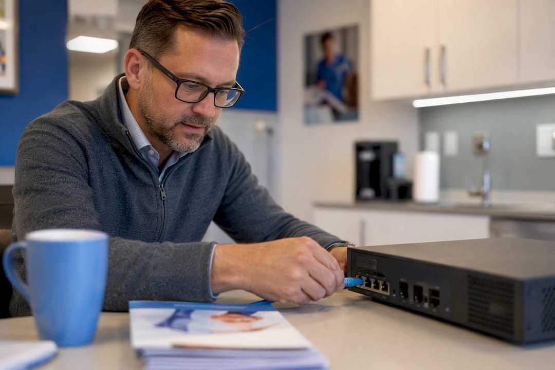Hands connecting network cable to security device