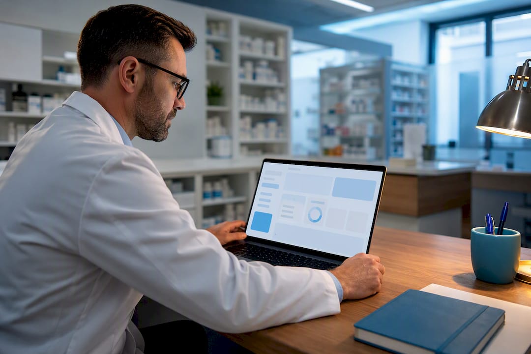 Pharmacist reviewing pharmacy advertising compliance