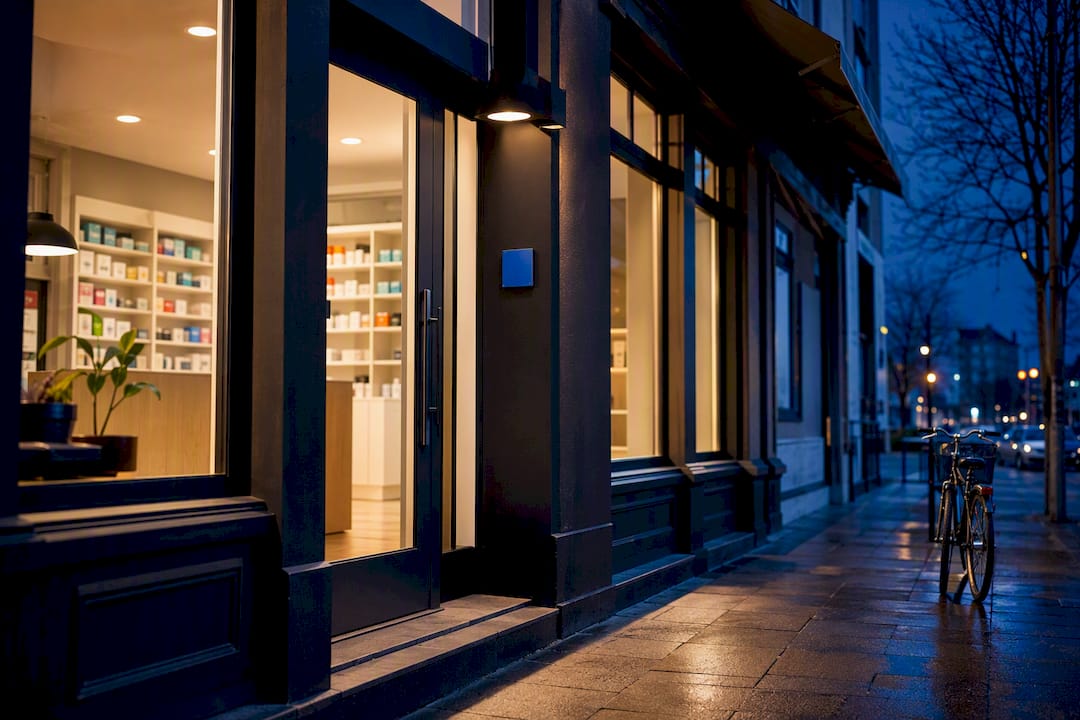 Independent pharmacy storefront at blue hour