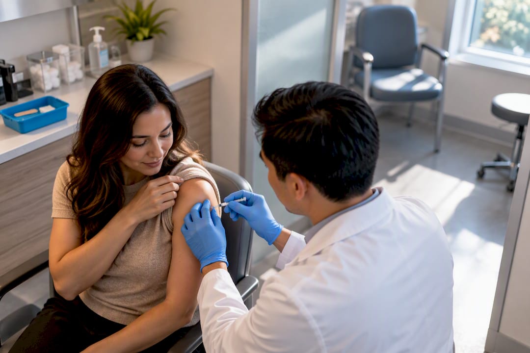 Pharmacist administering vaccine in private clinic