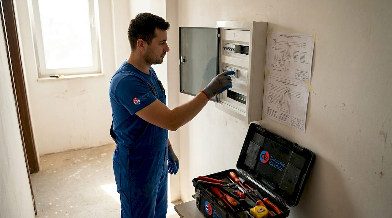 Un electrician montează un tablou electric, folosindu-se de sculele din dotare.