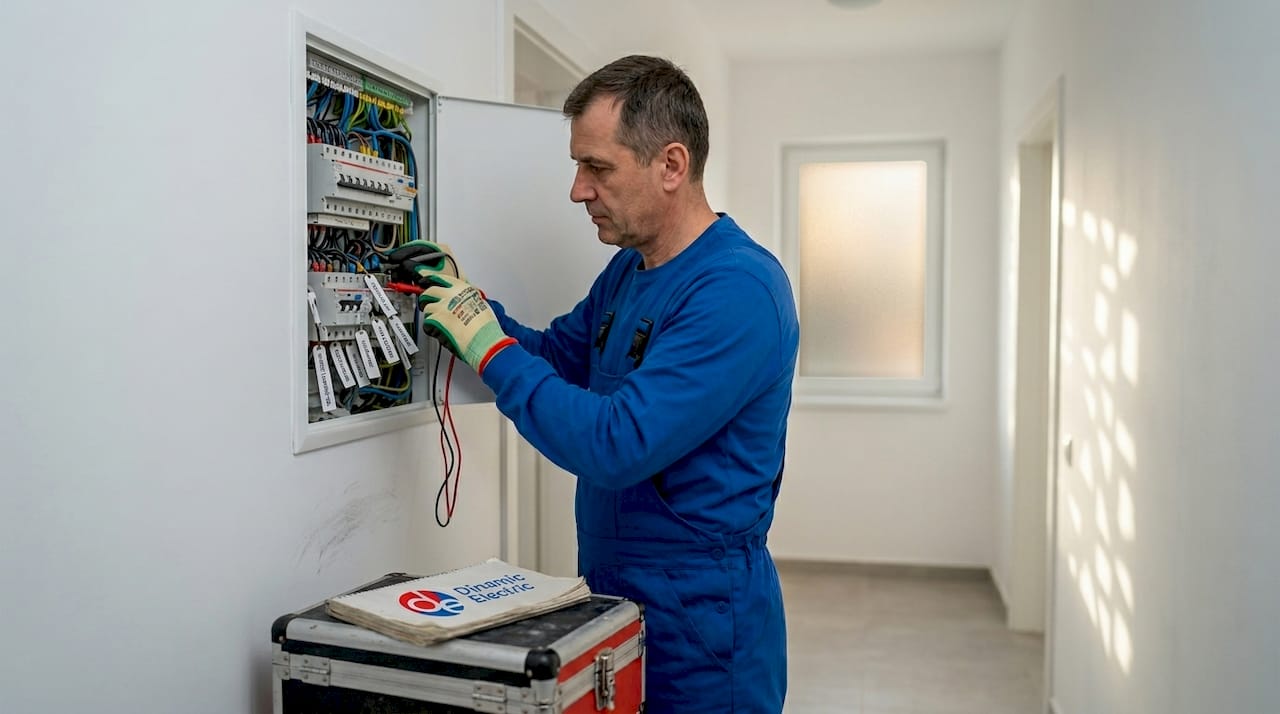 Un electrician verifică tabloul electric al unei locuințe moderne.