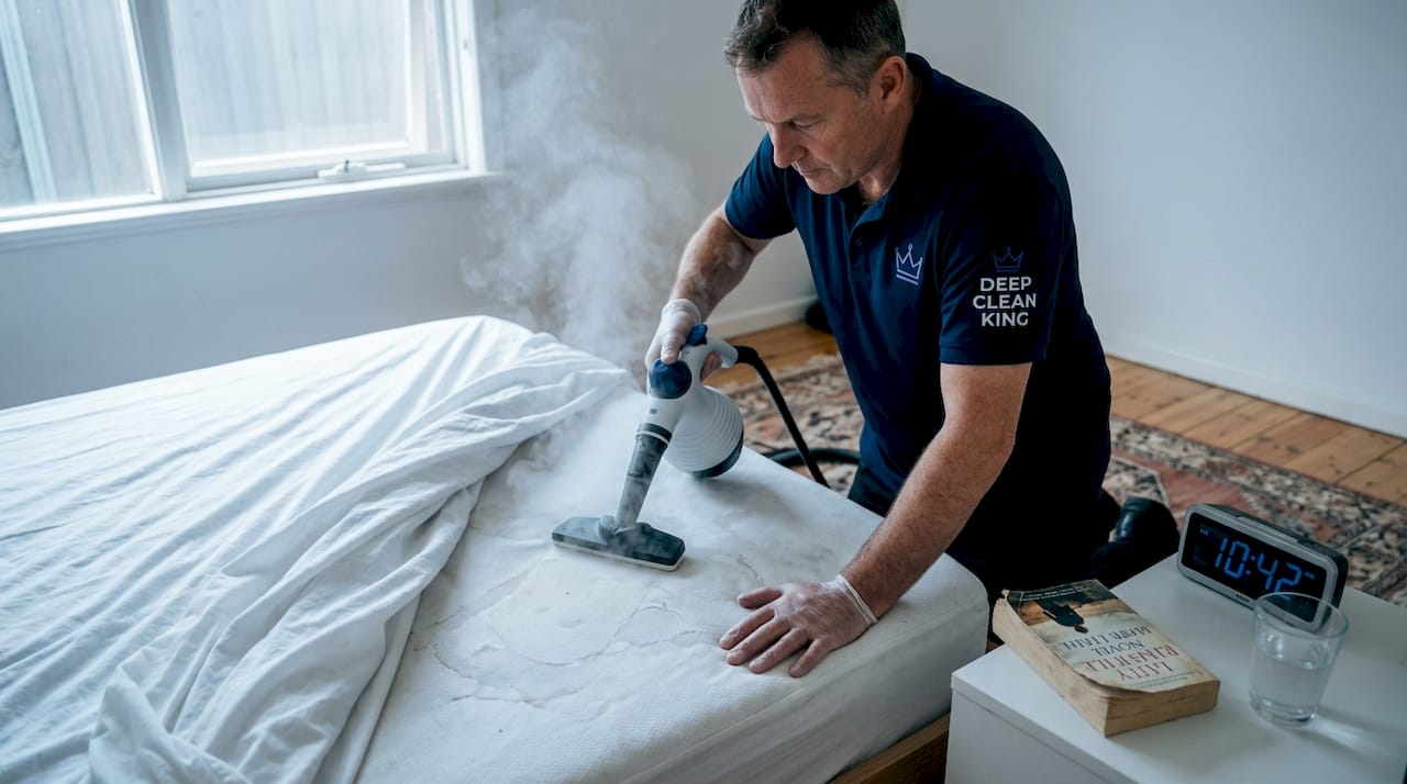 Man steam cleaning mattress in bright bedroom
