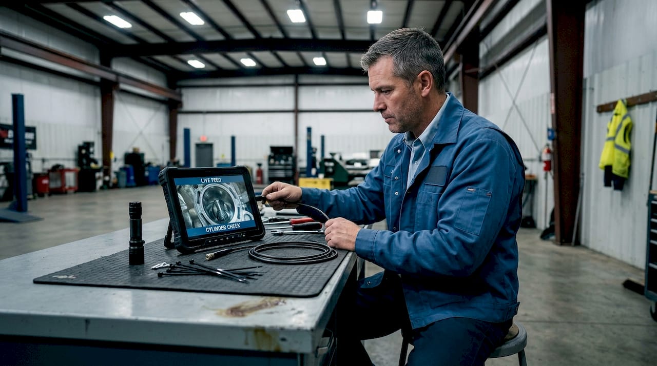 Mechanic sets up flexible borescope equipment