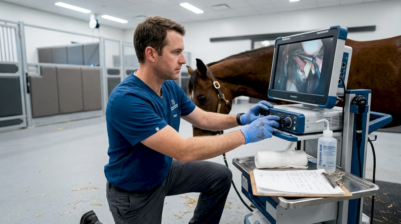 Veterinary clinician using dual-camera videoscope